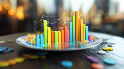 Poster - A vibrant 3D bar chart emerging from a plate, representing worldwide financial growth, framed by tools of analysis