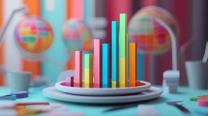 Poster - A vibrant 3D bar chart emerging from a plate, representing worldwide financial growth, framed by tools of analysis
