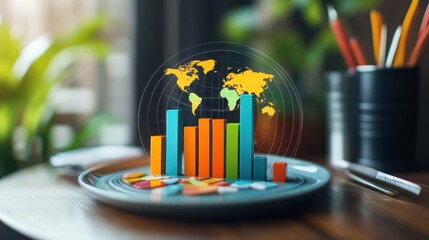 Poster - A vibrant 3D bar chart emerging from a plate, representing worldwide financial growth, framed by tools of analysis
