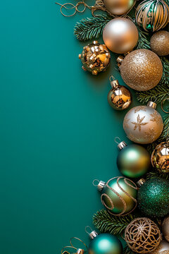 Elegant vertical Christmas ornaments and decorations on a green background create a festive holiday atmosphere. Perfect for seasonal greetings and celebration themes