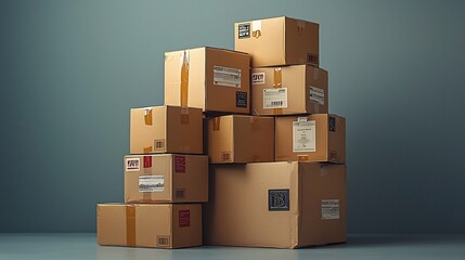 Poster - Stacked Parcels with Global Shipping Labels Symbolize Worldwide Delivery Systems