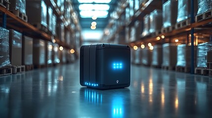 Poster - High Tech Parcel Box with Digital Tracking Display in Modern Logistics Warehouse