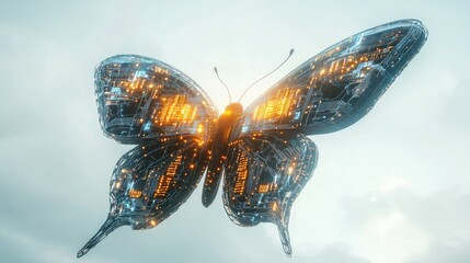 Poster - A futuristic digital butterfly with glowing circuits on its wings, flying gracefully in a pristine white sky, symbolizing innovation and transformation