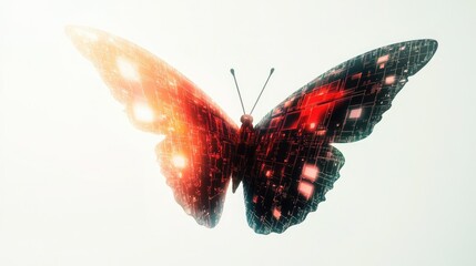 Poster - A tech-inspired butterfly with pixelated, glowing wings soaring through a blank white sky, representing digital freedom and modern technology