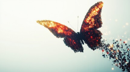 Poster - A tech-inspired butterfly with pixelated, glowing wings soaring through a blank white sky, representing digital freedom and modern technology