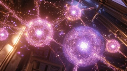 Poster - An imaginative depiction of quantum teleportation, with entangled particles glowing as they form instantaneous connections across space
