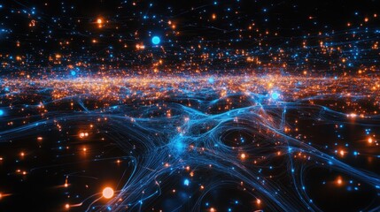 Poster - bosons imagined as glowing, interconnected mediators, surrounded by radiant energy and complex wavef