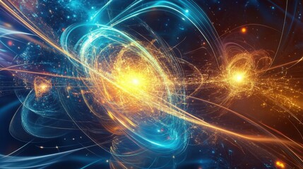 Poster - bosons imagined as glowing, interconnected mediators, surrounded by radiant energy and complex wavef