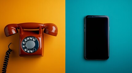 A vintage orange rotary phone sits against a bright orange background, contrasting with a modern black smartphone on a teal backdrop. old vs new generation