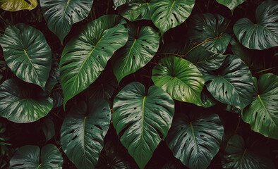 Poster - Large group of green leaves. Some of the leaves are large and some are small. The leaves are green and have a shiny appearance
