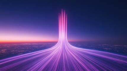Poster - Purple Light Streams Converge Over Cityscape At Sunset