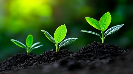 Three Young Green Plants Growing From Rich Black Soil Under Bright Natural Light in a Lush Garden Environment