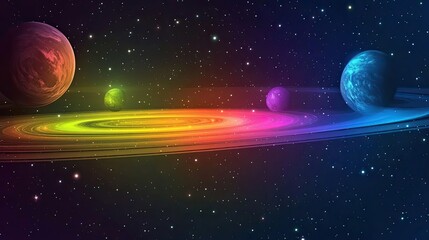 Wall Mural - colorful planets orbiting a vibrant rainbow ring in space