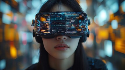 Poster - Businesswoman Giving Virtual Presentation With Floating Digital Slides and Graphs