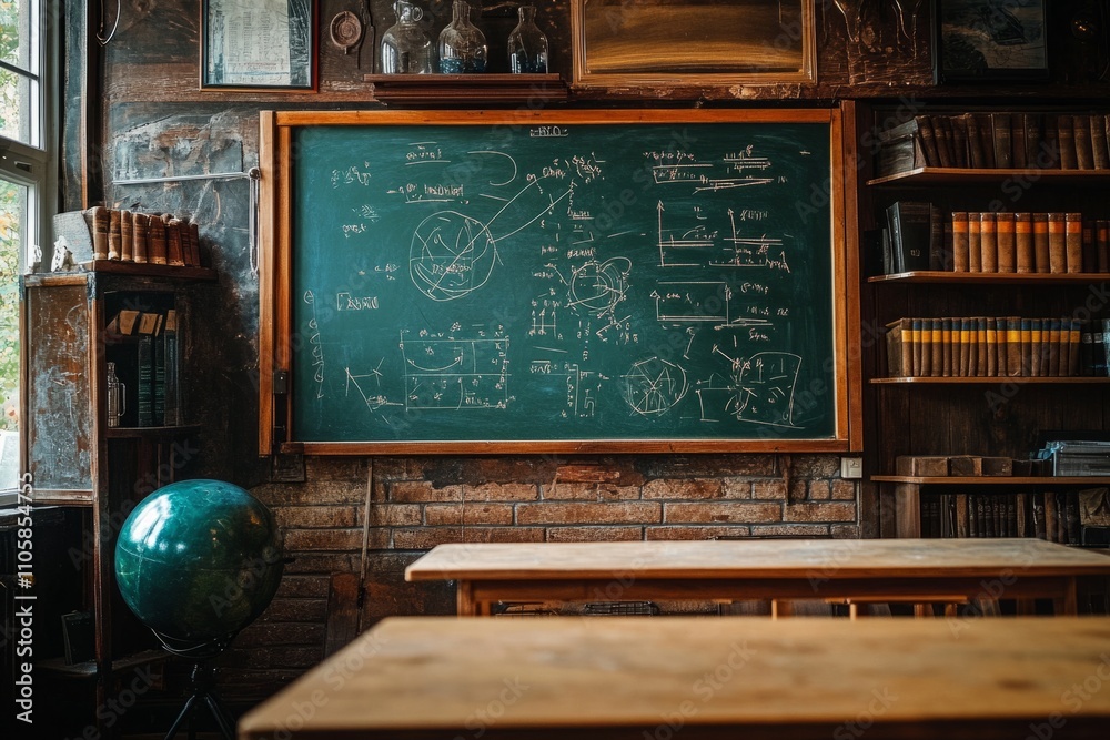Vintage classroom interior with science formulas and diagrams drawn on ...