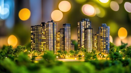 Poster - Miniature Cityscape Model with Illuminated Buildings and Blurry Bokeh Lights Creating a Dreamy Urban Atmosphere for Creative Projects and Designs