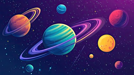 Wall Mural - colorful planets orbiting in a starry night sky