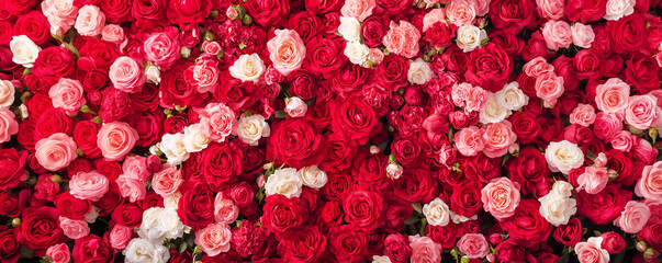 Panoramic background made of red and pinks roses flowers, valentine's day or wedding header or web banner