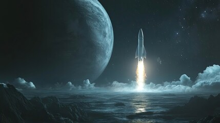 Wall Mural - rocket launching from an alien ocean towards a moon