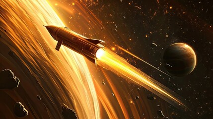 Wall Mural - golden rocket blazing through space near planet