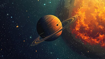 Poster - Ringed Planet Orbiting Near A Fiery Nebula In Space