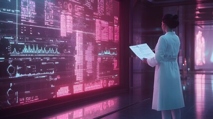 Poster - A doctor in a clean clinical setting stands beside a large diagnostic screen, holding paperwork with glowing 3D medical graphs emerging dynamically.