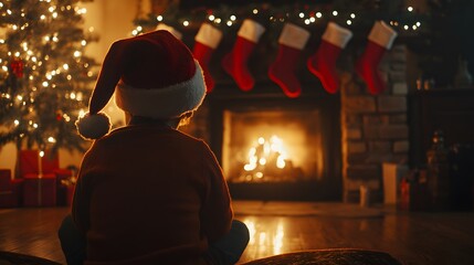 Poster - A candid shot of a young boy wearing a Santa hat, sitting by a fireplace decorated with stockings, gazing thoughtfully at a glowing Christmas tree. 4k resolution, Cinematic Scene