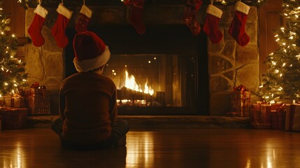 Poster - A candid shot of a young boy wearing a Santa hat, sitting by a fireplace decorated with stockings, gazing thoughtfully at a glowing Christmas tree. 4k resolution, Cinematic Scene