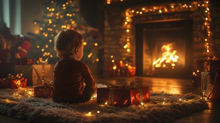 Poster - A toddler sitting on a plush rug in front of the fireplace, surrounded by wrapped presents and glowing fairy lights. 4k resolution, Cinematic Scene