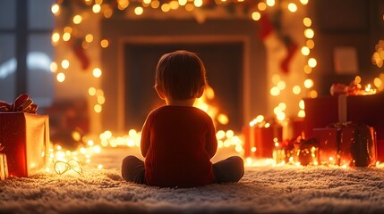 Poster - A toddler sitting on a plush rug in front of the fireplace, surrounded by wrapped presents and glowing fairy lights. 4k resolution, Cinematic Scene