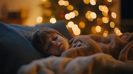 Poster - A candid shot of a child sleeping peacefully on a couch, wrapped in a cozy blanket, with a glowing Christmas tree in the background. 4k resolution, Cinematic Scene