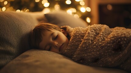 Poster - A candid shot of a child sleeping peacefully on a couch, wrapped in a cozy blanket, with a glowing Christmas tree in the background. 4k resolution, Cinematic Scene
