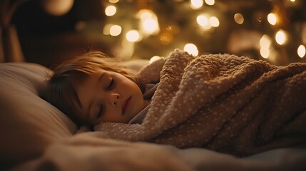 Poster - A candid shot of a child sleeping peacefully on a couch, wrapped in a cozy blanket, with a glowing Christmas tree in the background. 4k resolution, Cinematic Scene
