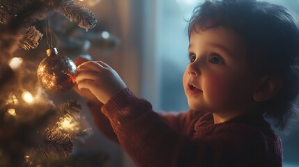 Poster - A toddler standing near the Christmas tree, reaching out to touch a shiny ornament, their face filled with curiosity. 4k resolution, Cinematic Scene