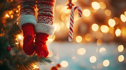 Poster - A child standing on tiptoes to reach a candy cane hanging from the Christmas tree, with a warm and festive atmosphere. 4k resolution, Cinematic Scene