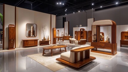 Poster - Luxurious Display of Wooden Furniture in Modern Interior with Bright Lighting and Elegant Design