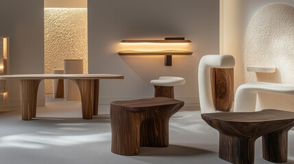 Poster - Elegant Handcrafted Furniture Display with Perfectly Aligned Unique Designs in Modern Interior