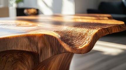 Poster - Close-up of Handcrafted Wooden Table Showcasing Natural Textures and Fine Detailing