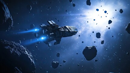 Wall Mural - spaceship navigating asteroid field near bright star