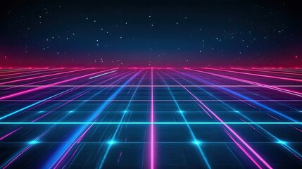 Poster - Neon Grid Lines Across Futuristic Nightscape