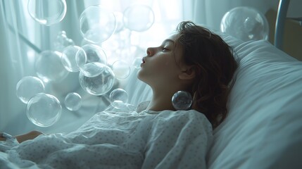 Poster - A girl in a hospital gown blowing bubbles in her room, her face lighting up as the bubbles float around her bed. 4k resolution, Cinematic Scene