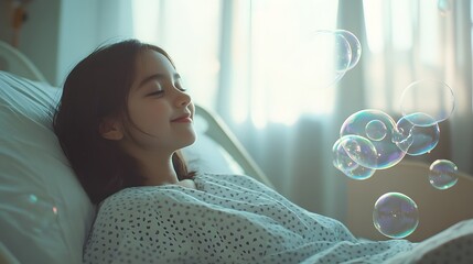 Poster - A girl in a hospital gown blowing bubbles in her room, her face lighting up as the bubbles float around her bed. 4k resolution, Cinematic Scene