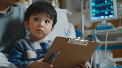 Poster - A child sitting on their parent's lap in a hospital room, holding a clipboard and pen, pretending to take notes like the doctor. 4k resolution, Cinematic Scene