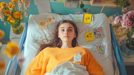 Poster - A girl lying in a brightly decorated hospital room, surrounded by get-well cards and flowers, with a thoughtful expression. 4k resolution, Cinematic Scene