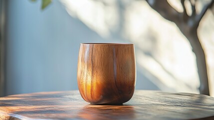 Poster - Polished Handmade Wooden Cup Displayed on Elegant Surface with Soft Natural Lighting