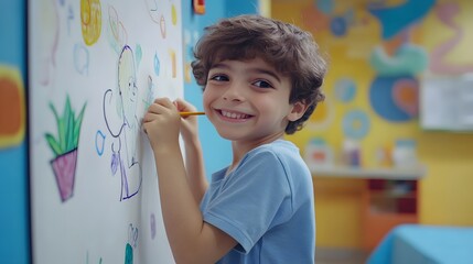 Poster - A boy drawing on a whiteboard in the playroom of the pediatric ward, creating a colorful picture while smiling shyly. 4k resolution, Cinematic Scene