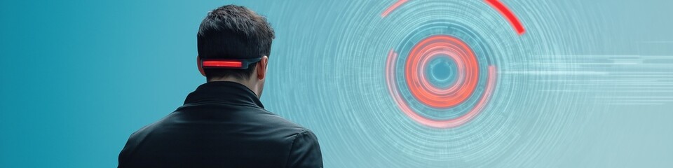 Poster - A man is looking at a circle with red and blue colors. The circle is blurry and has a red and blue center
