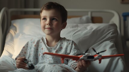 Poster - A young boy in a hospital gown sitting on his bed, holding a remote control airplane brought by a visitor. 4k resolution, Cinematic Scene