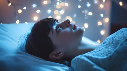 Poster - A girl lying on her hospital bed, looking up at a string of fairy lights hanging along the wall, her face filled with wonder. 4k resolution, Cinematic Scene