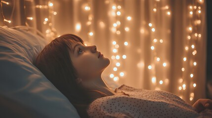 Poster - A girl lying on her hospital bed, looking up at a string of fairy lights hanging along the wall, her face filled with wonder. 4k resolution, Cinematic Scene